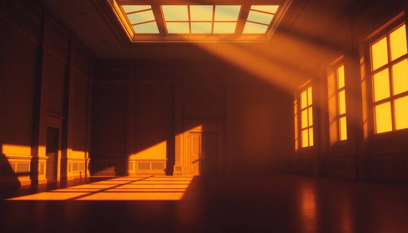 A dimly lit, nostalgic painting of an empty government meeting room, with warm light streaming in through a window and deep shadows cast across the walls and furniture, conveying a sense of quiet contemplation and civic responsibility.