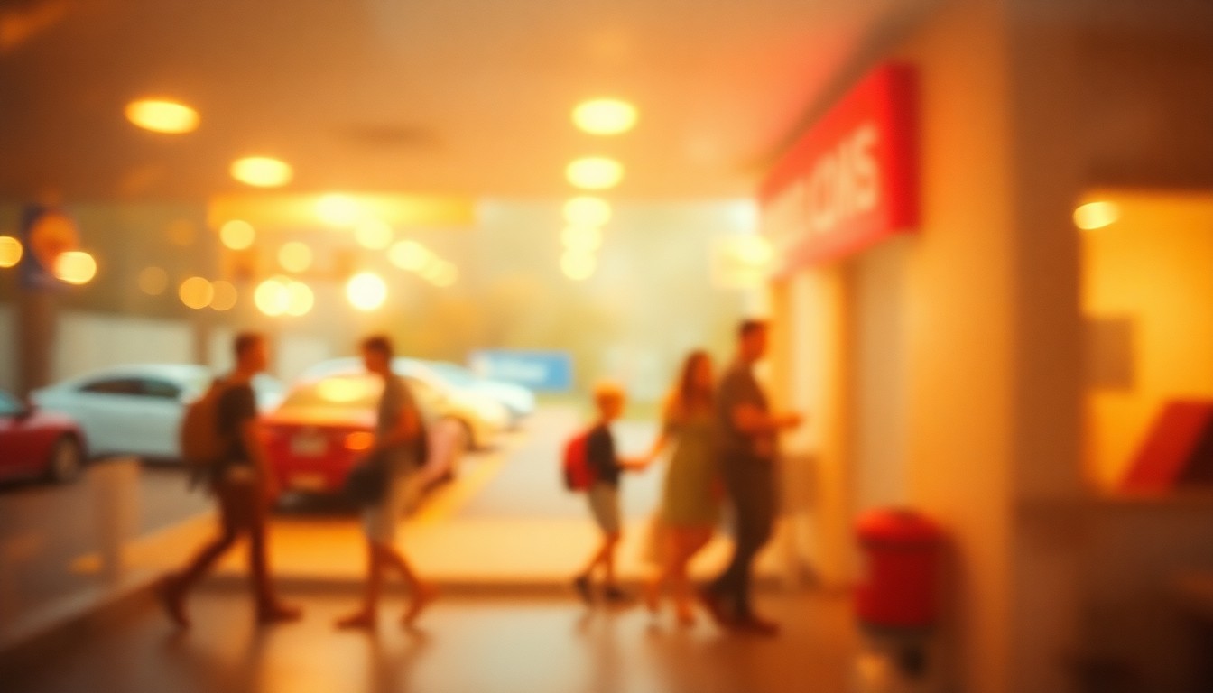 An abstract, impressionistic photograph in soft, warm tones depicting a blurred scene of parents and children at a child care center, conveying the challenges of the child care crisis.