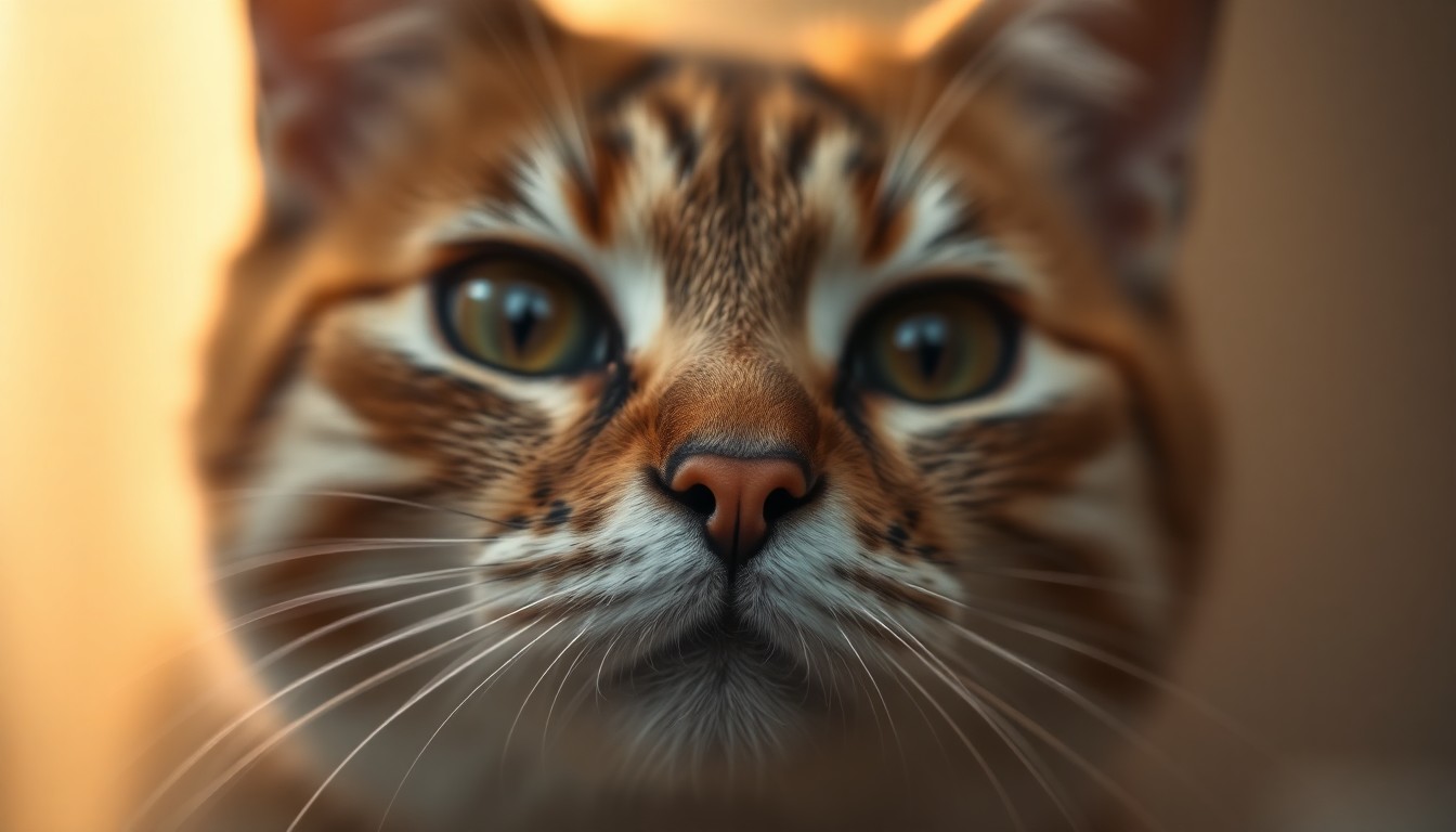 An extremely abstracted, out-of-focus photograph of a cat's face, with only the eyes and nose in sharp focus, surrounded by soft, warm pools of light and color, conveying a sense of intimacy and connection.