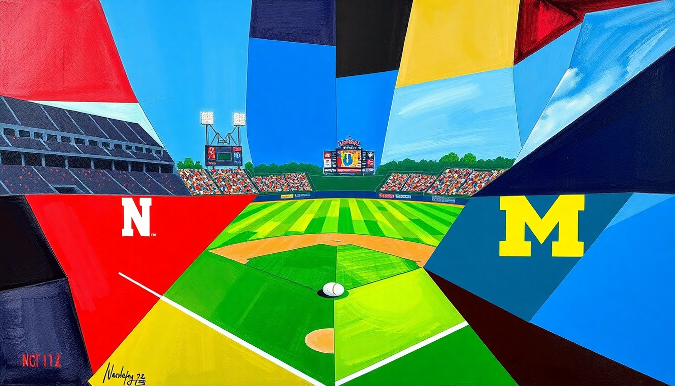 A cubist, geometric painting depicting a fractured, multi-angled view of a Big Ten softball game, with the overlapping planes rendered in the official team colors of Washington, Nebraska, Ohio State, and Michigan.