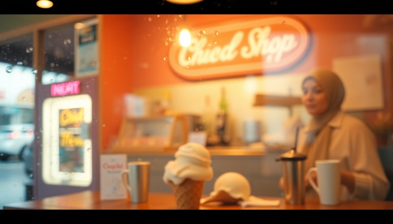 An extremely blurred and abstracted image featuring the silhouettes of ice cream cones and scoops in a warm, hazy, and out-of-focus setting, conceptually representing the cozy and inviting atmosphere of a new ice cream shop opening in Ashburn.