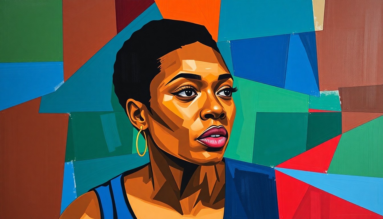 A fragmented, geometric painting depicting Renee Montgomery's basketball career, business ventures, and social justice work through a series of overlapping, angular shapes and planes in a bold color palette.