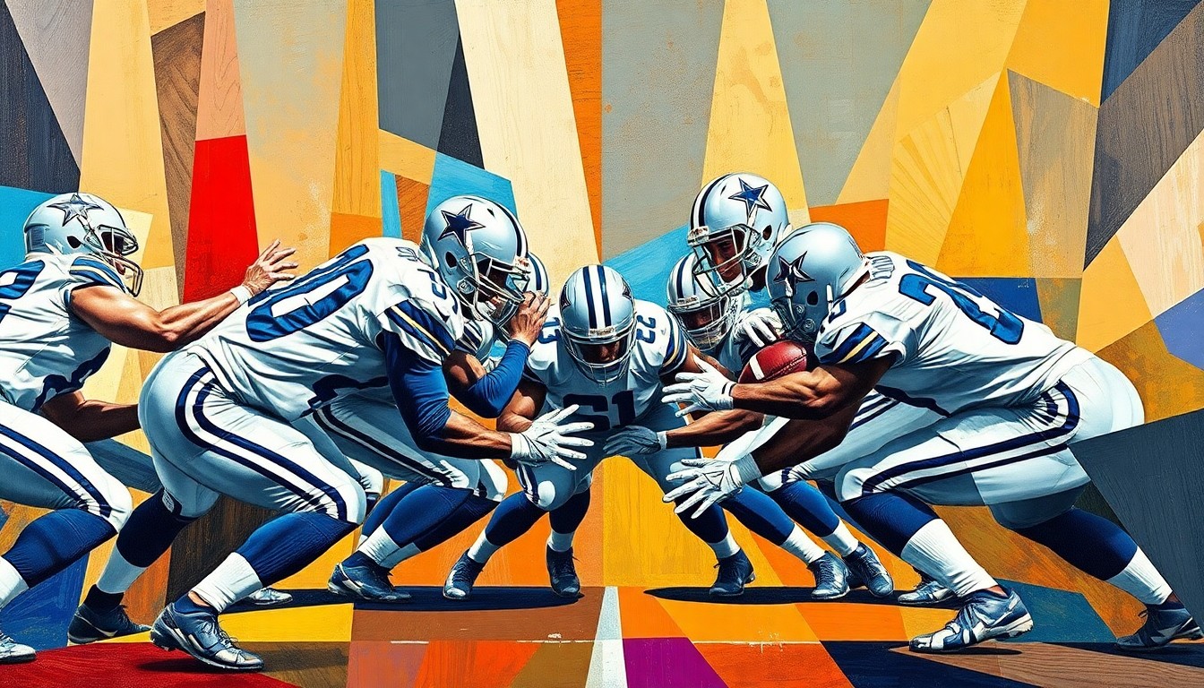 A cubist, geometric illustration depicting the abstracted forms of Dallas Cowboys defensive linemen engaged in a play, with sharp, overlapping planes of color and shape capturing the energy and movement of the game.