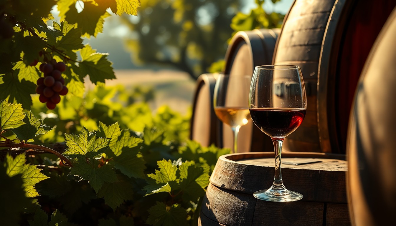 An extreme close-up photograph showcasing the rich, textured details of a Tuscan vineyard, including grapevine leaves, weathered wood, and the reflective surface of wine glasses, all bathed in dramatic, high-contrast studio lighting to create a luxurious, glamorous aesthetic.