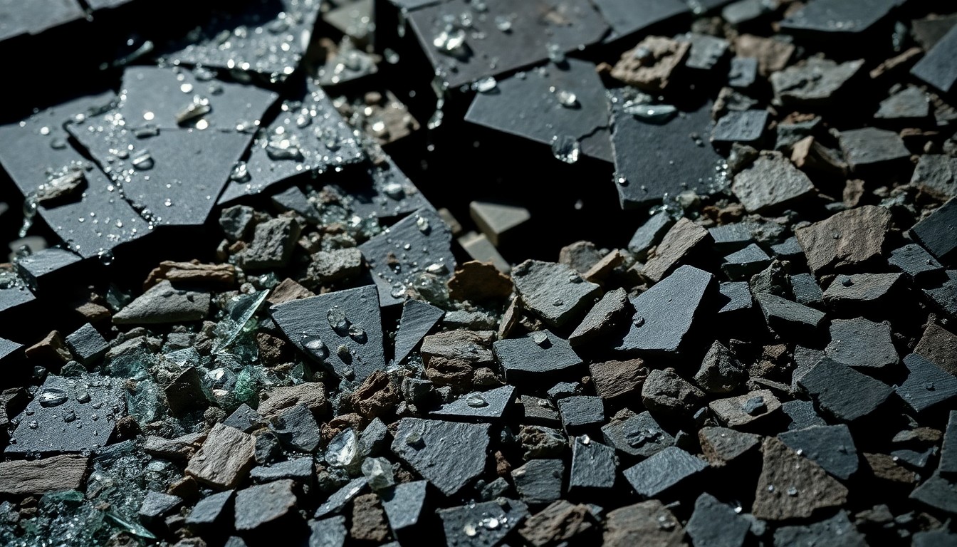 An extreme close-up photograph of shattered glass and crumbled slate, capturing the aftermath of the Chateau Marmont roof collapse in a dramatic, high-contrast studio lighting that emphasizes the fragility of luxury and celebrity culture.