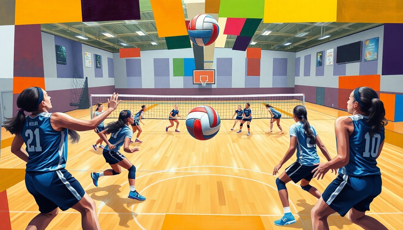 A fragmented, geometric painting in bold colors depicting the action and energy of a high school volleyball match, with players and the ball rendered in an abstract, cubist style.