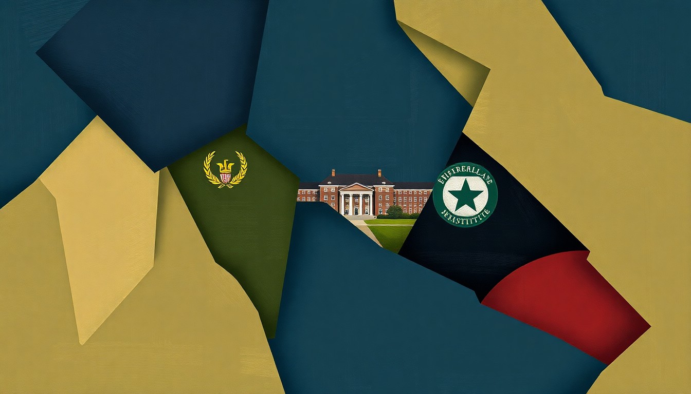 An avant-garde, fractured painting in shades of blue, green, and red, depicting an abstract, overlapping representation of a university campus and military symbols, conveying the tension between these institutions.