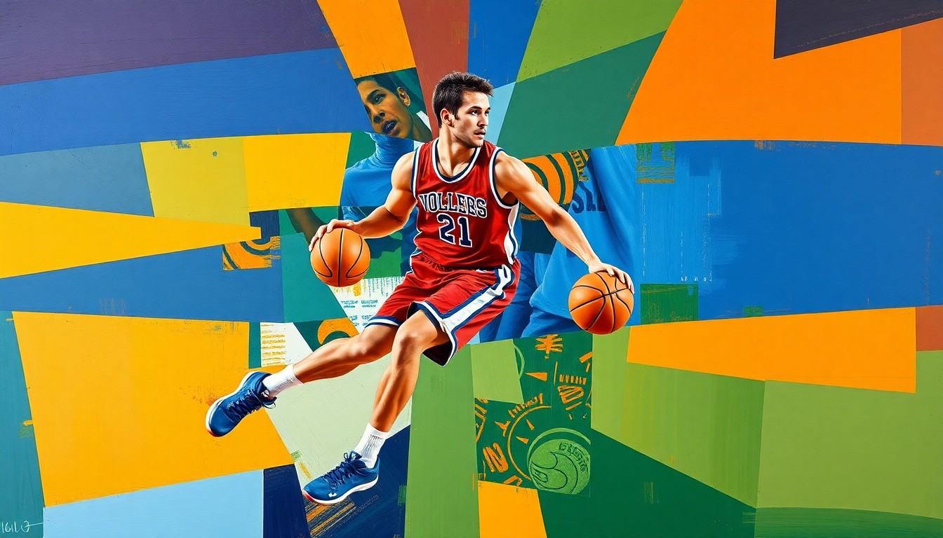A fragmented, cubist-style painting depicting a college basketball player in motion, with sharp geometric shapes and planes in vibrant colors like blue, orange, and green, conceptually representing the fluid nature of player transfers in the sport.