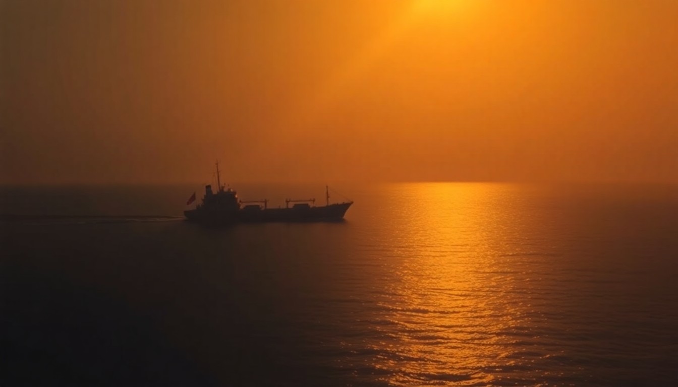 A serene, cinematic painting depicting a single ship navigating the Strait of Hormuz, the warm sunlight and deep shadows creating a contemplative mood that reflects the diplomatic challenges of restoring safe passage through this critical global trade route.