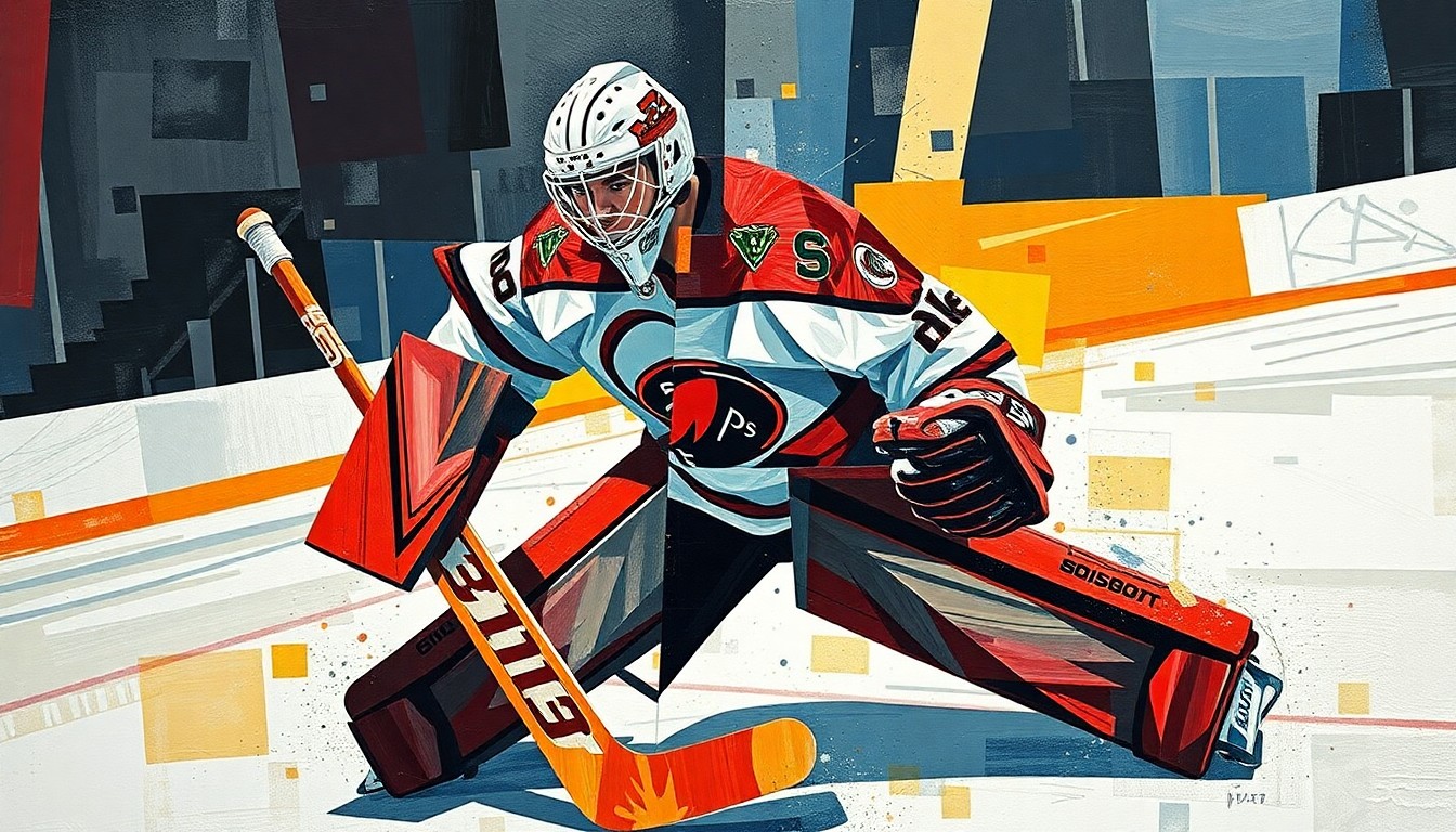 A cubist, geometric painting depicting a hockey goaltender in action, with overlapping planes of color and form capturing the dynamic movement and intensity of the sport.