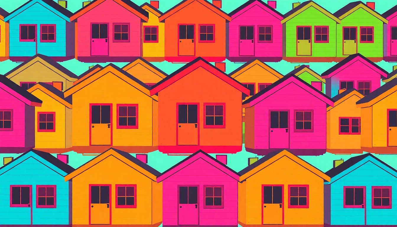 A highly stylized, abstract grid of brightly colored, silkscreened tiny home structures in shades of neon pink, electric blue, and highlighter yellow, conceptually representing the city's efforts to quickly build affordable transitional housing.