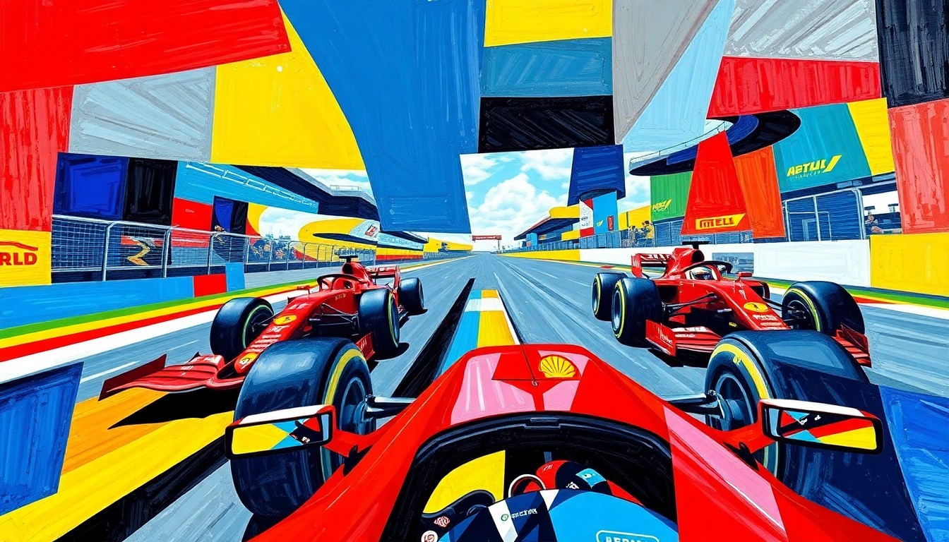 A cubist, geometric painting depicting a fragmented Formula 1 race scene, with sharp planes of vibrant red, blue, and yellow colors conveying the speed and energy of the sport.