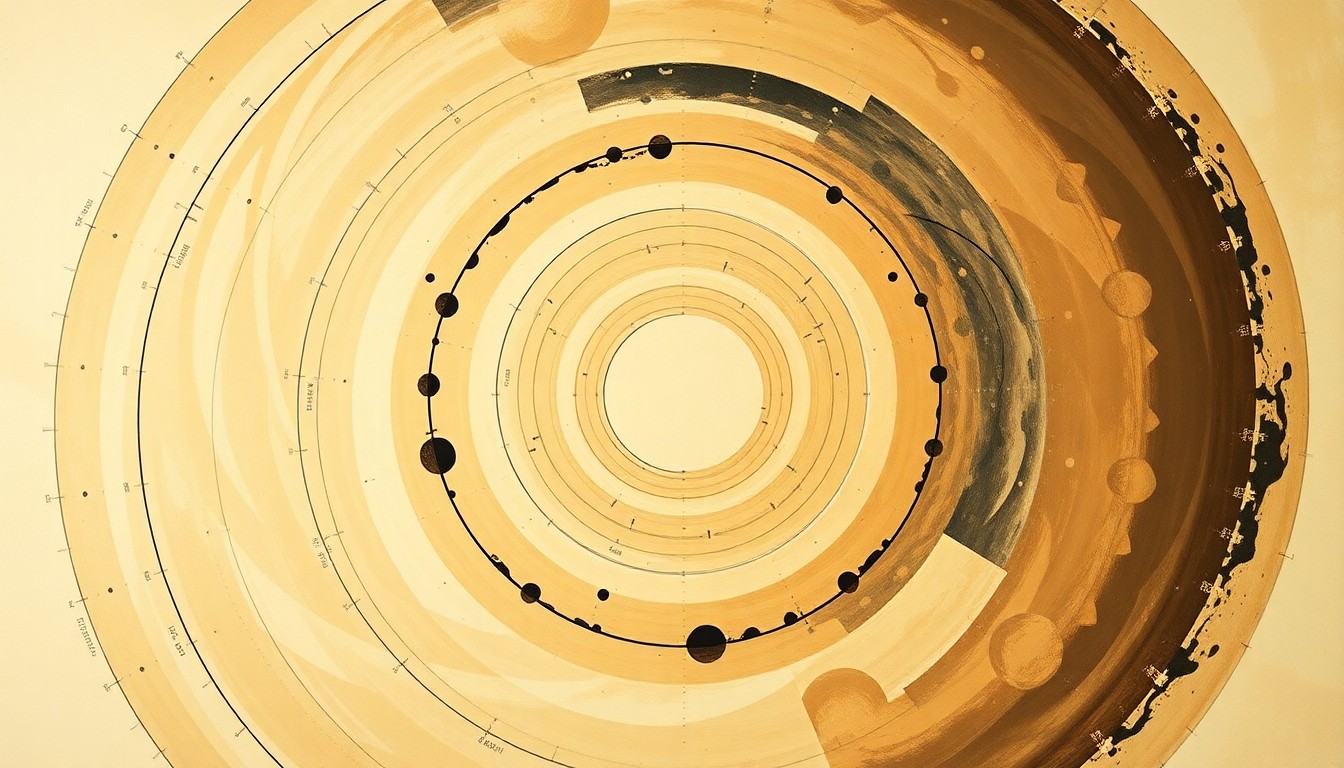 A bold, abstract painting in soft earthy tones featuring sweeping geometric arcs, concentric circles, and precise spirals, conceptually representing the complex forces and concepts of the Artemis II mission.