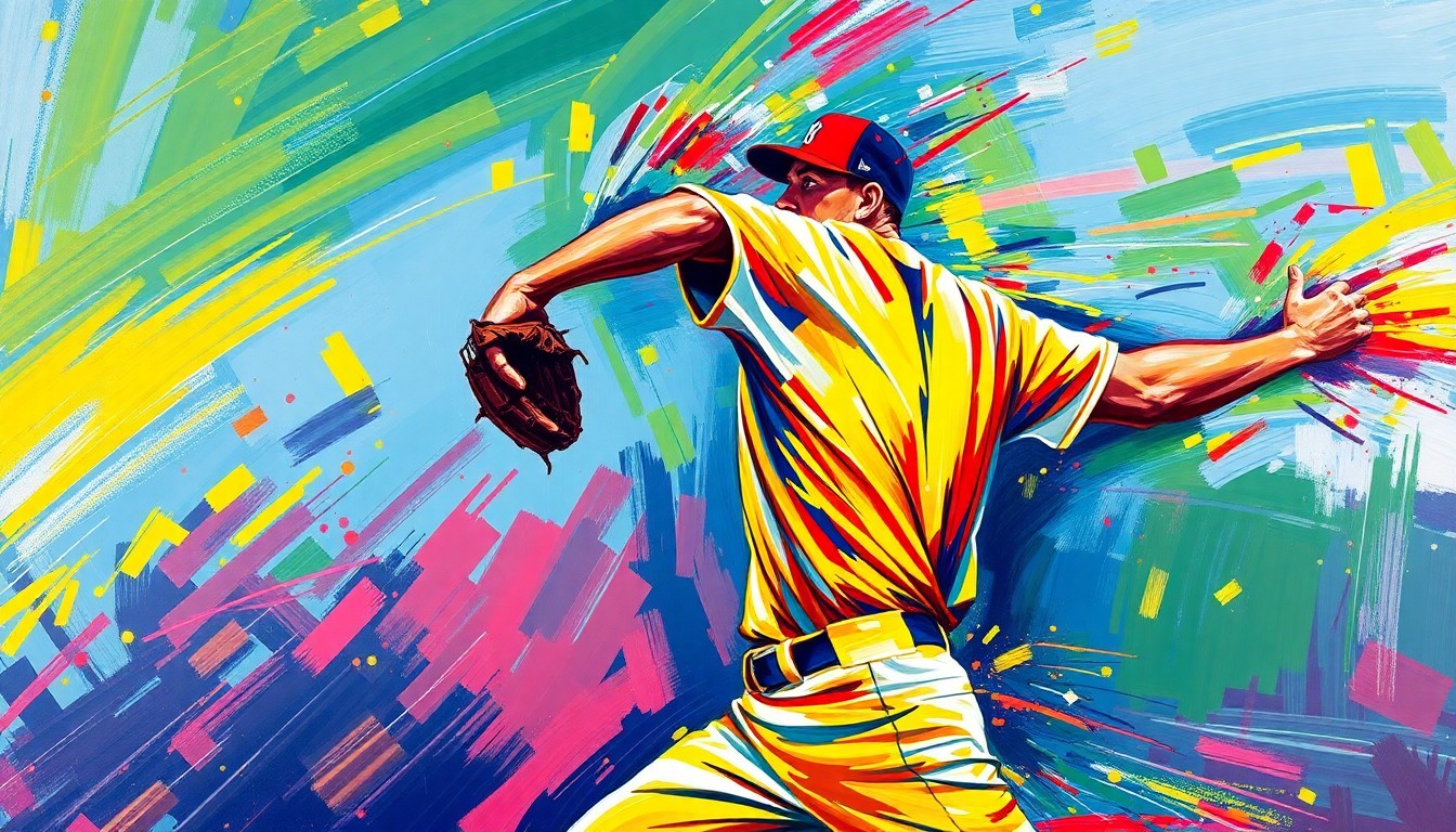 An abstract expressionist painting using vibrant neon colors and rapid brushstrokes to depict the powerful, explosive motion of a baseball pitcher throwing a pitch at over 100 mph.