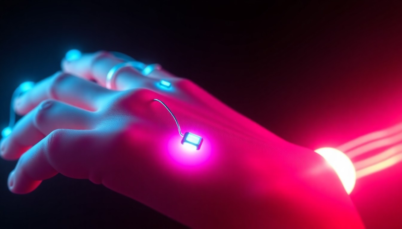 A highly detailed, glowing 3D illustration of a human hand with electrodes attached, emitting neon cyan and magenta lights that represent the muscle stimulation signals from an advanced AI system, conceptually illustrating the integration of technology and the human body.
