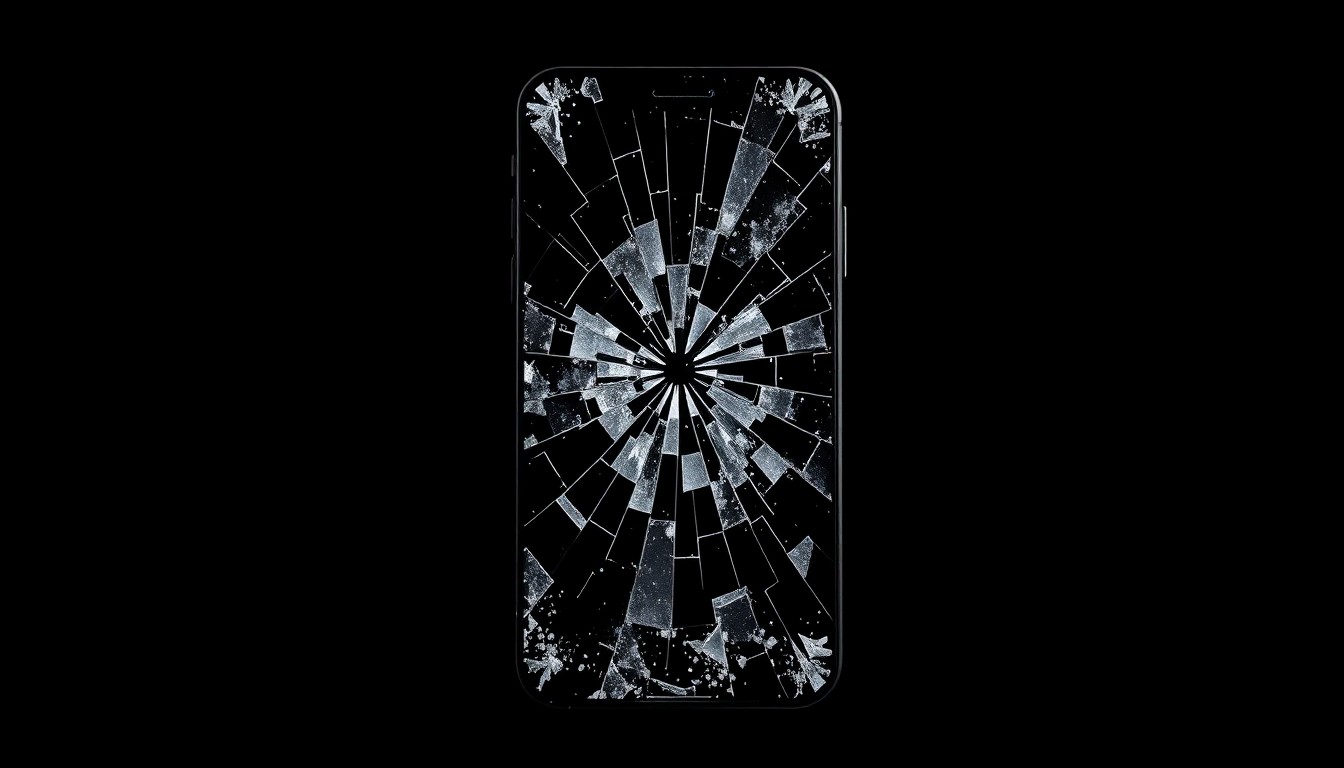 An extreme close-up photograph of a shattered cell phone screen, the cracks and fractures creating a dramatic, gritty visual metaphor for the impact of domestic violence.