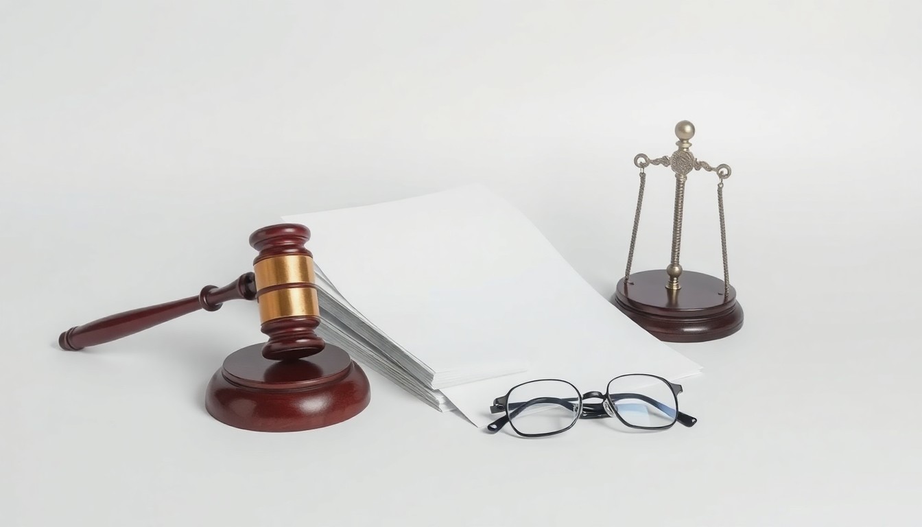 A minimalist studio still life featuring a stack of legal documents, a gavel, and a pair of eyeglasses, symbolizing the pursuit of justice and accountability through the legal system.