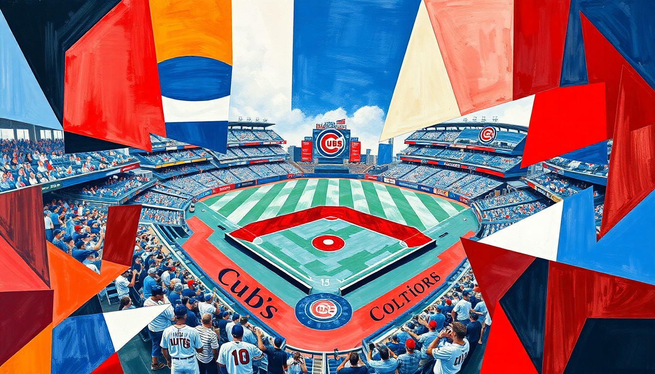 A cubist-style painting depicting a fragmented, multi-angled view of a baseball game, with the players and field broken down into sharp, overlapping geometric shapes in shades of blue, red, and white, conceptually representing the Cubs' roster challenges.