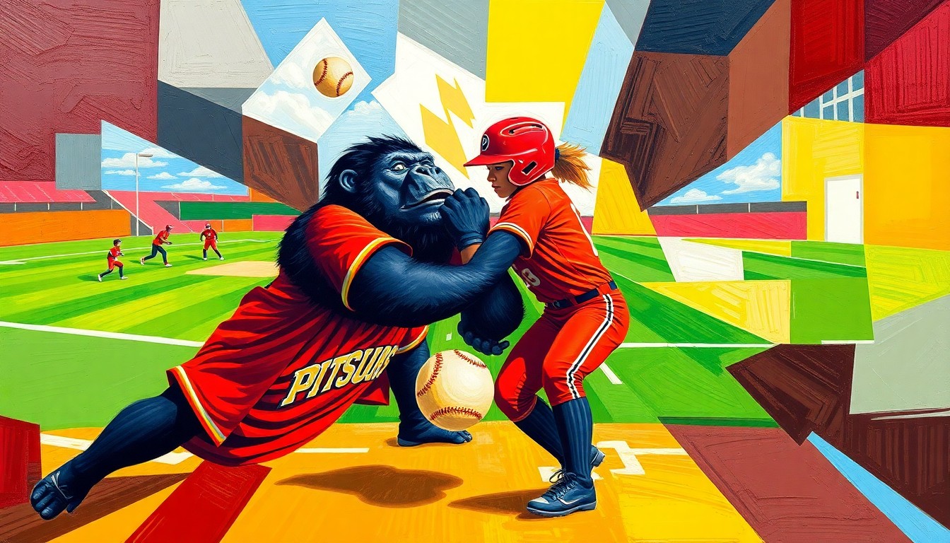 A cubist, geometric painting depicting a softball player in motion, with the player's form broken down into overlapping planes of crimson, gold, and white, conveying the dynamic energy and skill of the record-breaking performance.