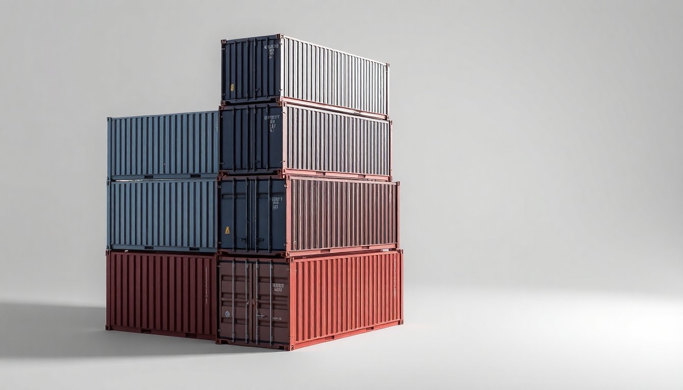 A high-end, photorealistic studio still-life photograph featuring a stack of polished steel, aluminum, and glass shipping containers arranged elegantly on a clean, monochromatic background, conceptually representing the efficient movement of goods through Georgia's logistics infrastructure.