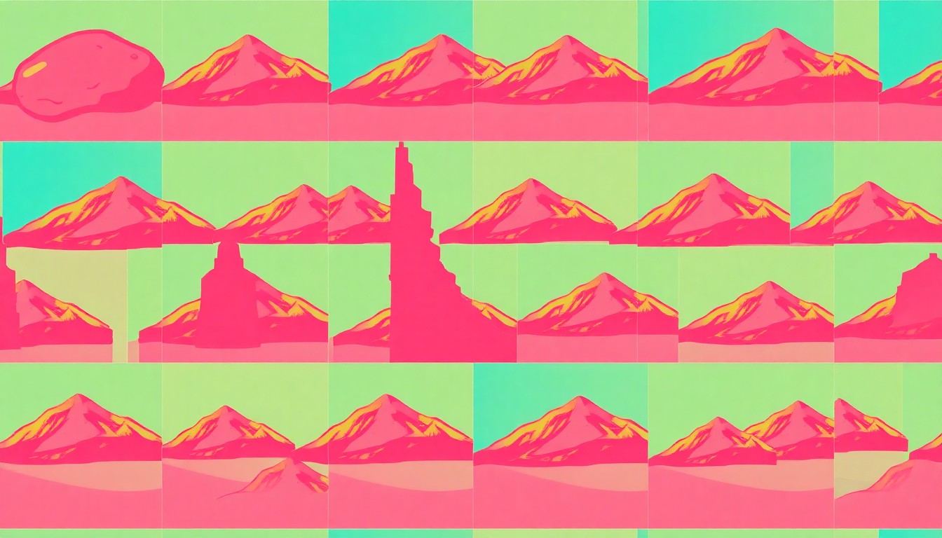 A brightly colored, high-contrast silkscreen print of an iconic Idaho landscape object such as a potato or mountain range, repeated in a tight grid pattern in the style of Andy Warhol, conceptually representing Reach Idaho's mission to revitalize the spiritual landscape of the state.