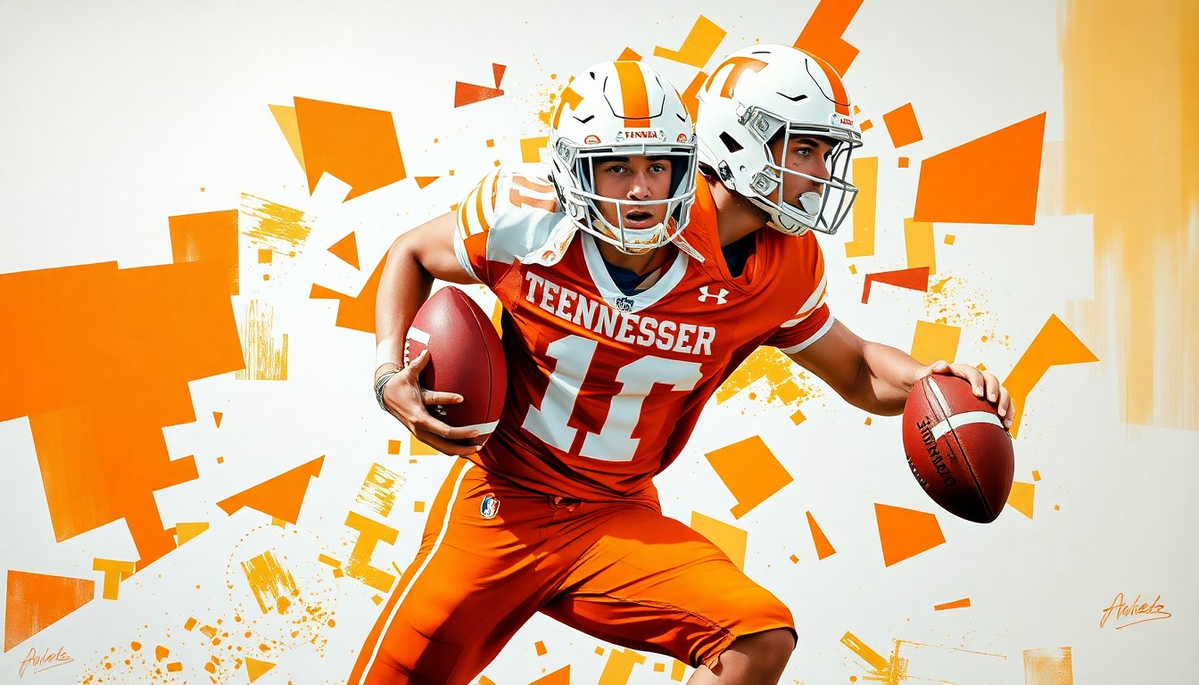 A fractured, cubist-style painting depicting a Tennessee football player in motion, their body and the ball broken down into overlapping geometric shapes and planes in vibrant orange and white colors.