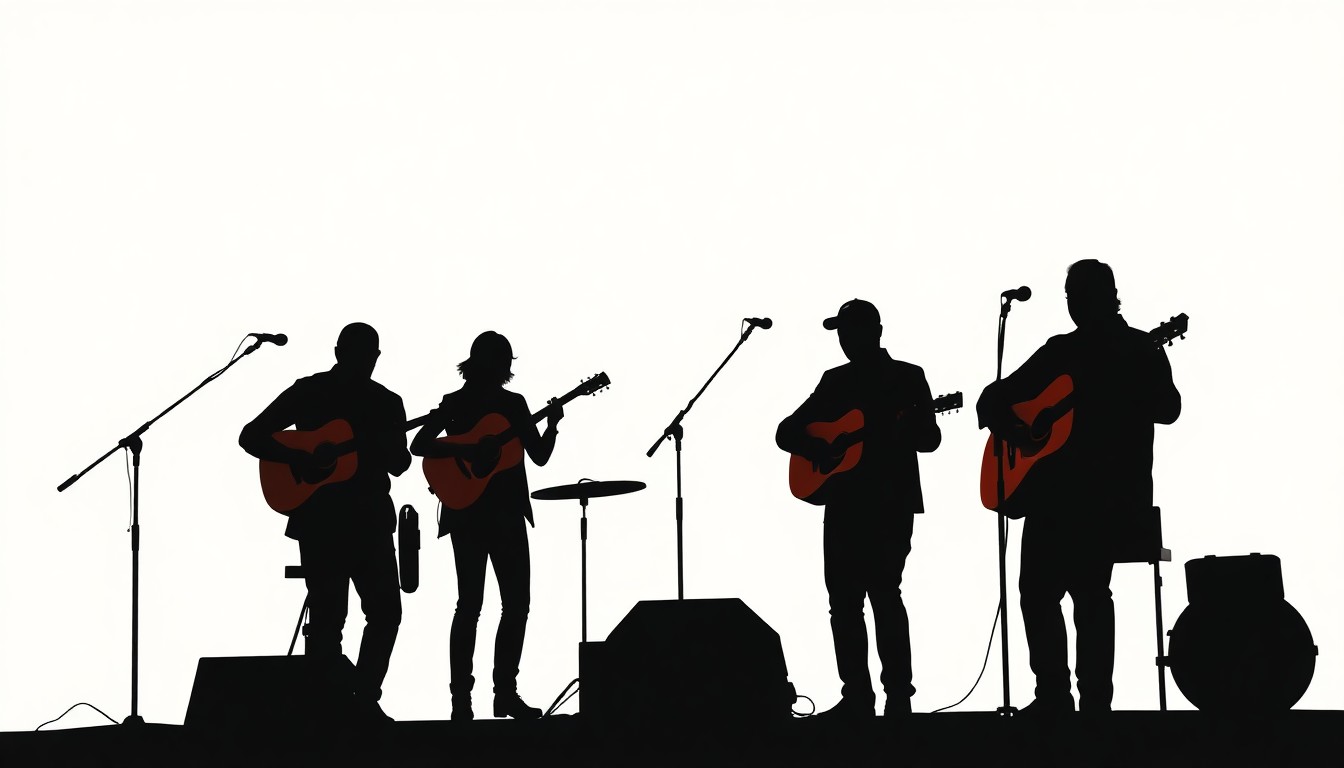 An extreme close-up of a lone banjo neck and strings, rendered as a dramatic black silhouette against a vivid red background, conceptually representing the intimate acoustic performance of a bluegrass musician.