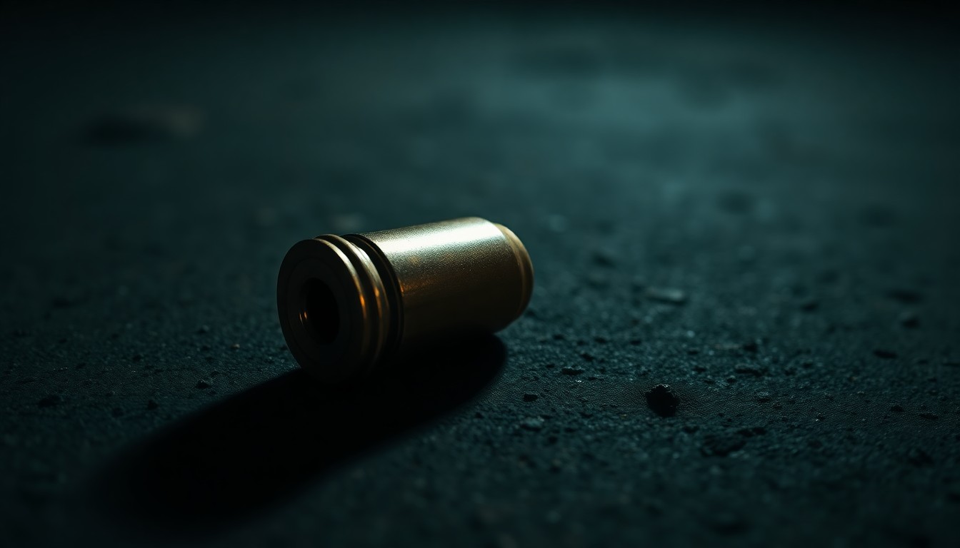 An extreme close-up photograph of a single spent shell casing on a dark concrete surface, the harsh flash illuminating the metallic texture and creating a stark, gritty aesthetic that conceptually represents the investigation into a recent shooting incident.