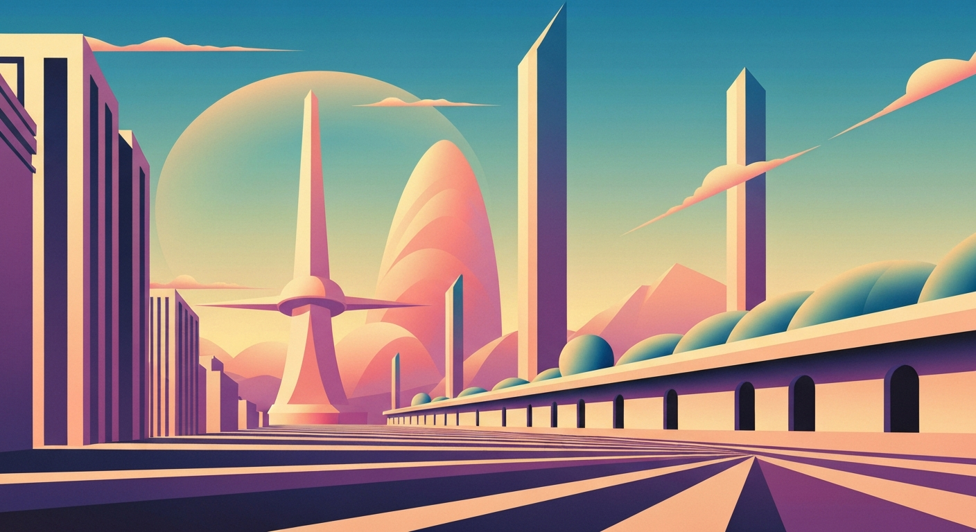 A sweeping, Art Deco-inspired illustration depicting the grand scale of a passenger rail system, with towering architectural forms and smooth, geometric gradients conveying a sense of movement and progress.