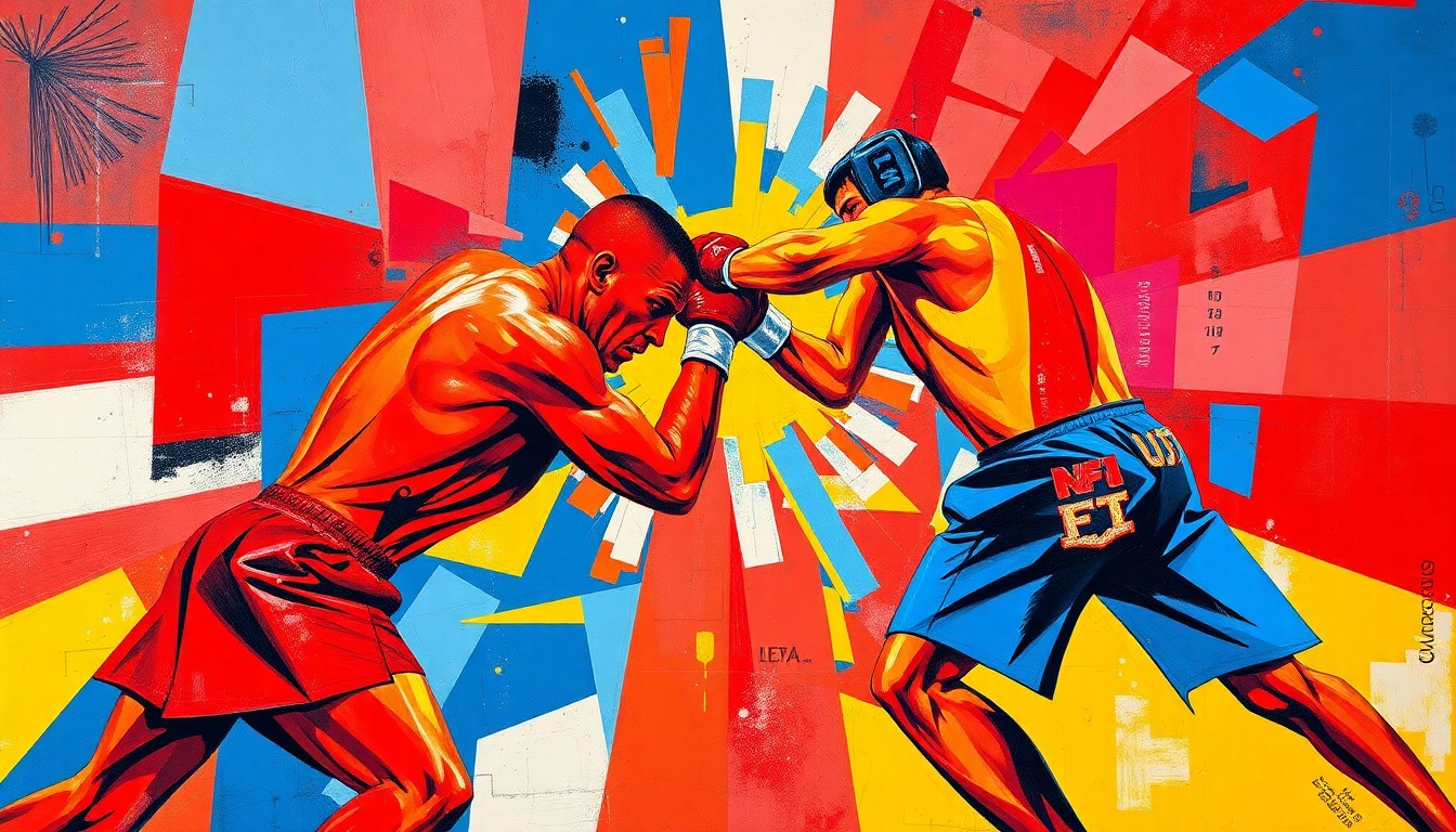 A fragmented, cubist-style painting depicting the dynamic movements and physical clash of two MMA fighters in the midst of competition, rendered in a palette of bold primary colors.