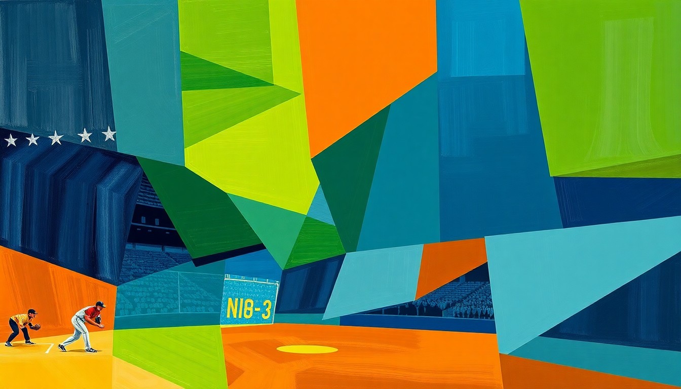 A cubist-style painting depicting a baseball game broken down into sharp, overlapping geometric shapes in navy, green, and orange, conveying the concept of a sports franchise seeking a strategic turnaround.