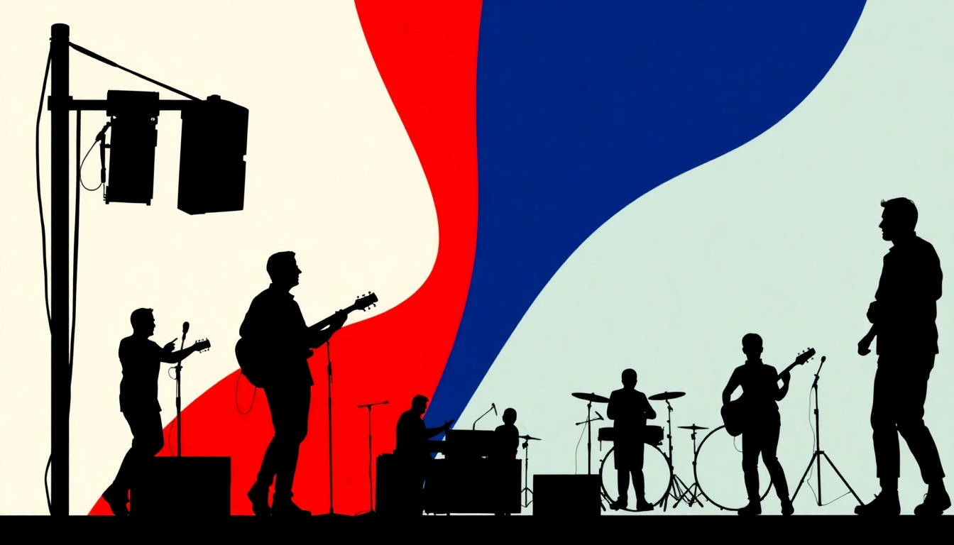 A bold, graphic poster in the style of Saul Bass, using stark black silhouettes of musicians, food trucks, and trees against a backdrop of high-contrast red, white, and blue shapes to abstractly represent an outdoor music festival.