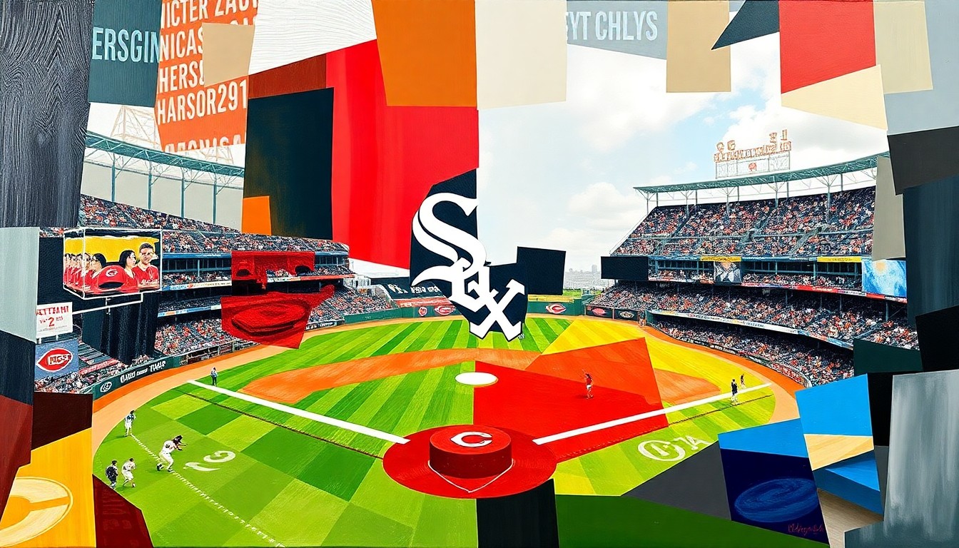 A cubist, geometric painting featuring overlapping planes of the official team colors of the Chicago White Sox and Cincinnati Reds, conceptually representing the energy and excitement of a baseball game.