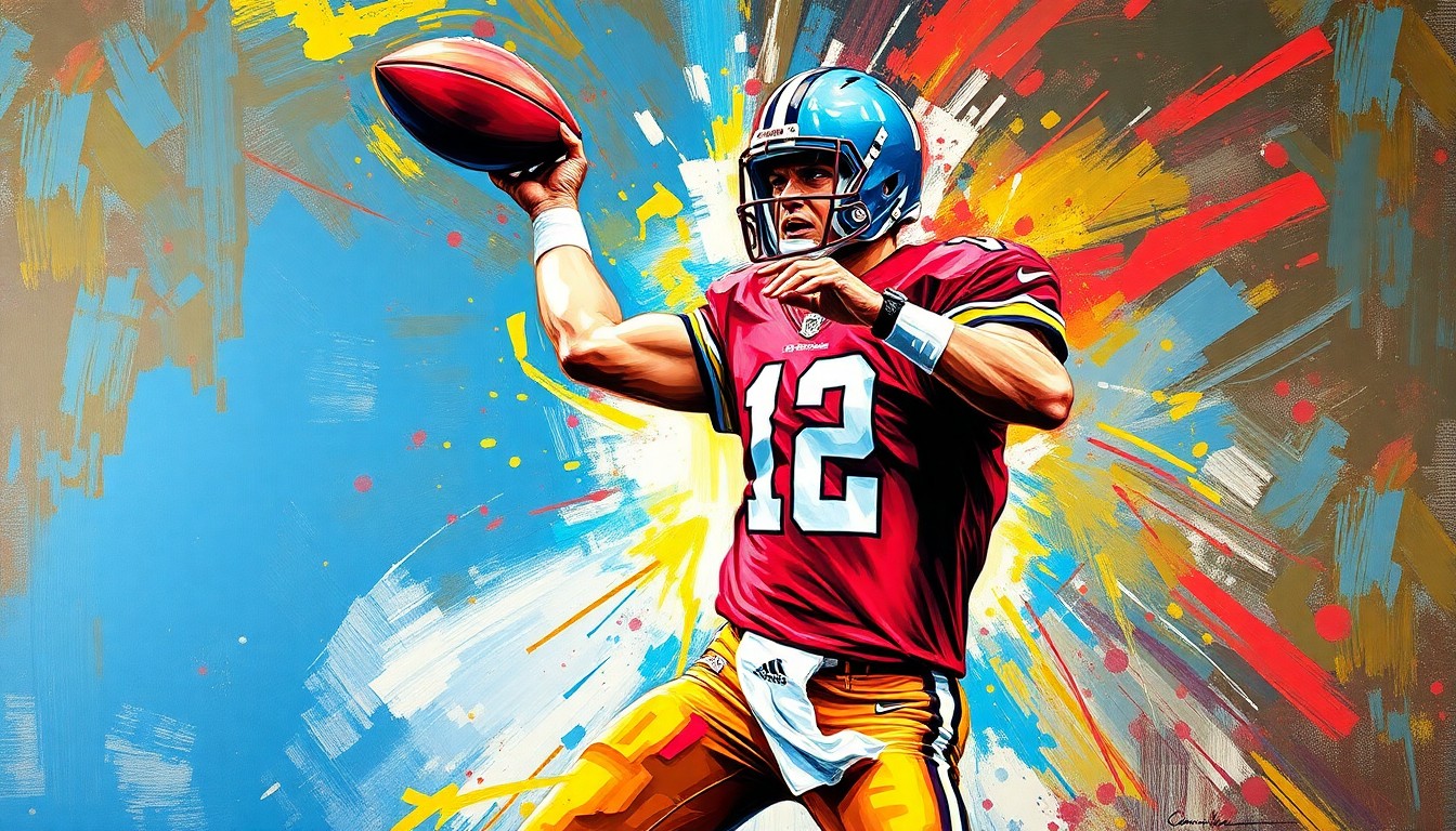 An abstract, expressionist painting in neon colors depicting the dynamic motion of a quarterback throwing a football, conveying the raw athleticism and competitive spirit of the sport.