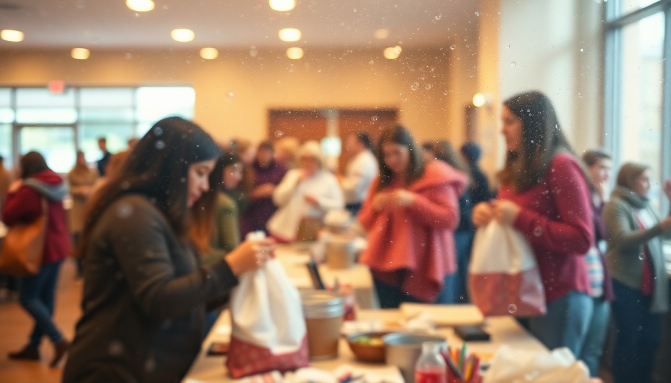 An extremely blurred, out-of-focus photograph depicting students and staff at Aurora University engaged in various acts of generosity and community service, such as making blankets, decorating lunch bags, and signing a community canvas. The image is composed of soft, warm pools of light and color, creating a dreamlike, conceptual representation of the university's culture of positivity and giving back.