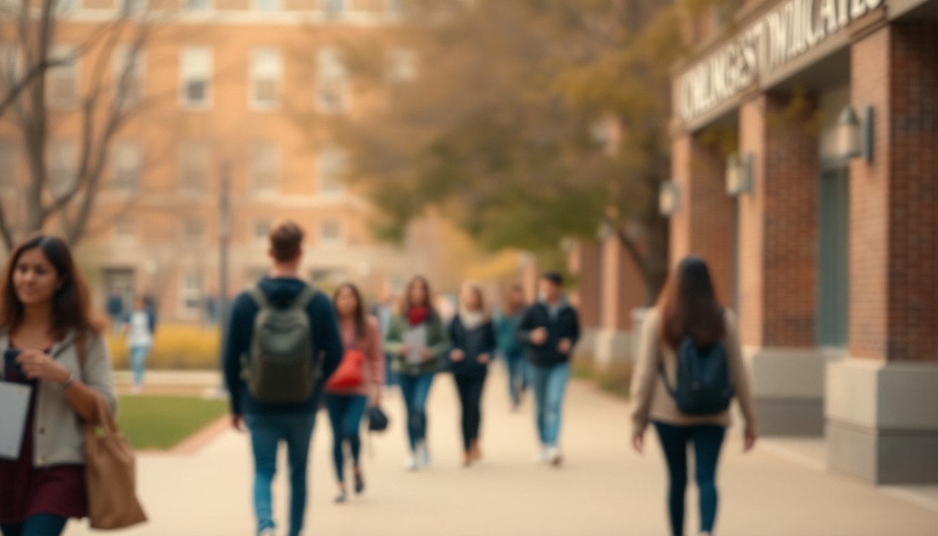 An abstract, out-of-focus photograph in warm, earthy tones depicting a blurred scene of students walking on a college campus, conveying a sense of community and education.