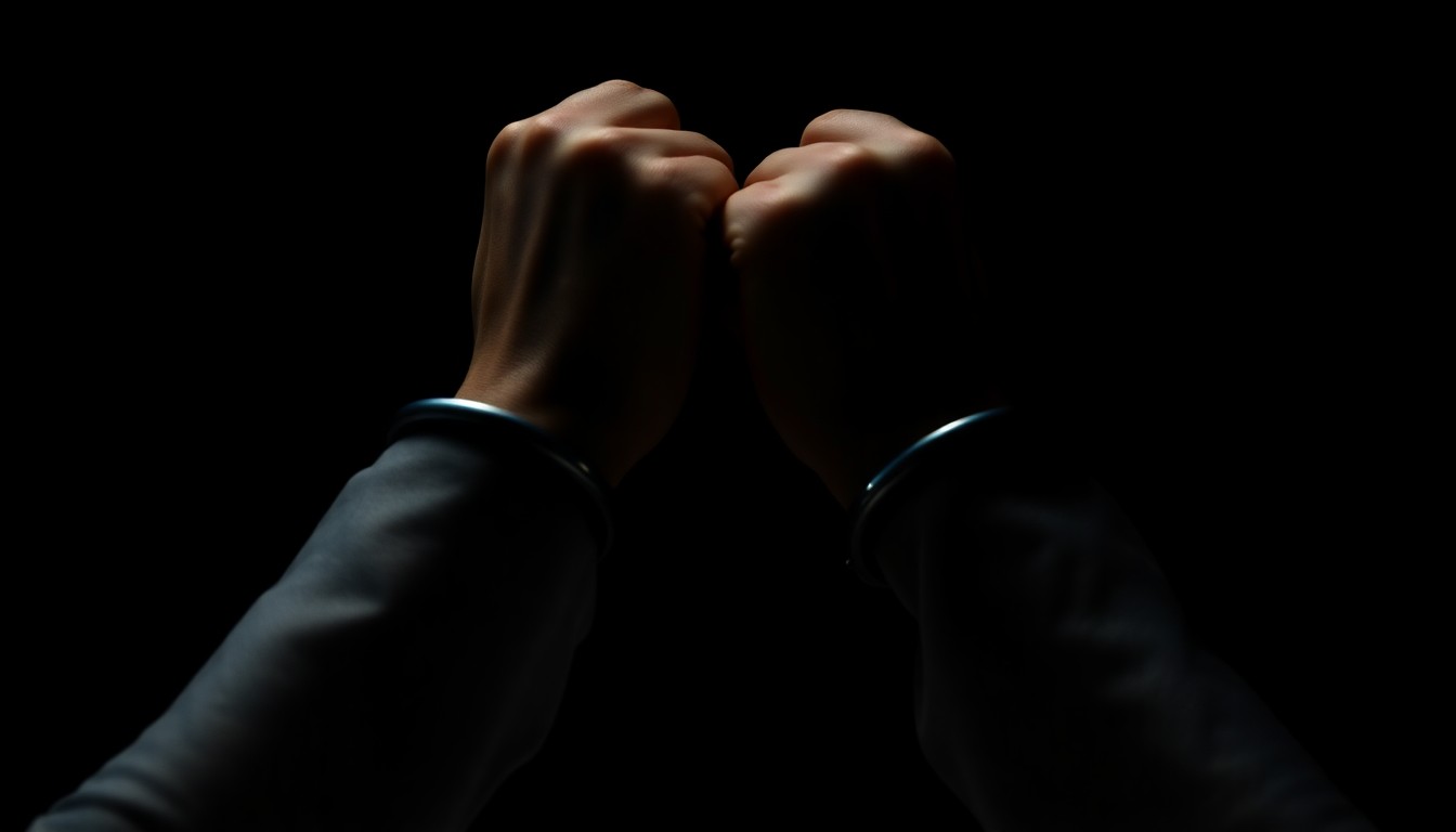 An extreme close-up photograph of a pair of handcuffed hands against a pitch-black background, lit by a harsh, direct camera flash, conceptually representing the serious nature of the alleged crimes.