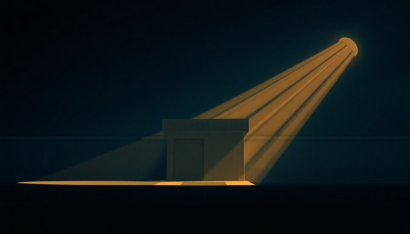 A serene, photorealistic painting of a government building or immigration processing facility in muted earth tones, with warm sunlight streaming through the windows and deep shadows casting an air of quiet contemplation over the scene.