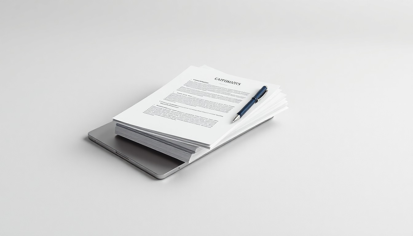 A high-end, photorealistic studio still-life photograph featuring a stack of legal documents, a pen, and a laptop computer arranged elegantly on a clean, monochromatic seamless background, conceptually representing the abstract concepts of corporate strategy, finance, and regulatory compliance in the cryptocurrency industry.