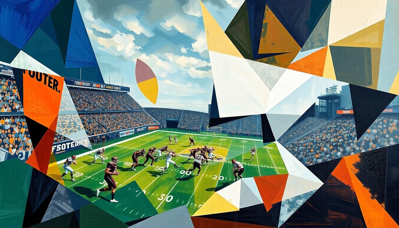 A fractured, cubist-style painting depicting the intensity and strategy of a college football game, with players and the field deconstructed into sharp, overlapping geometric shapes and planes in vibrant colors.