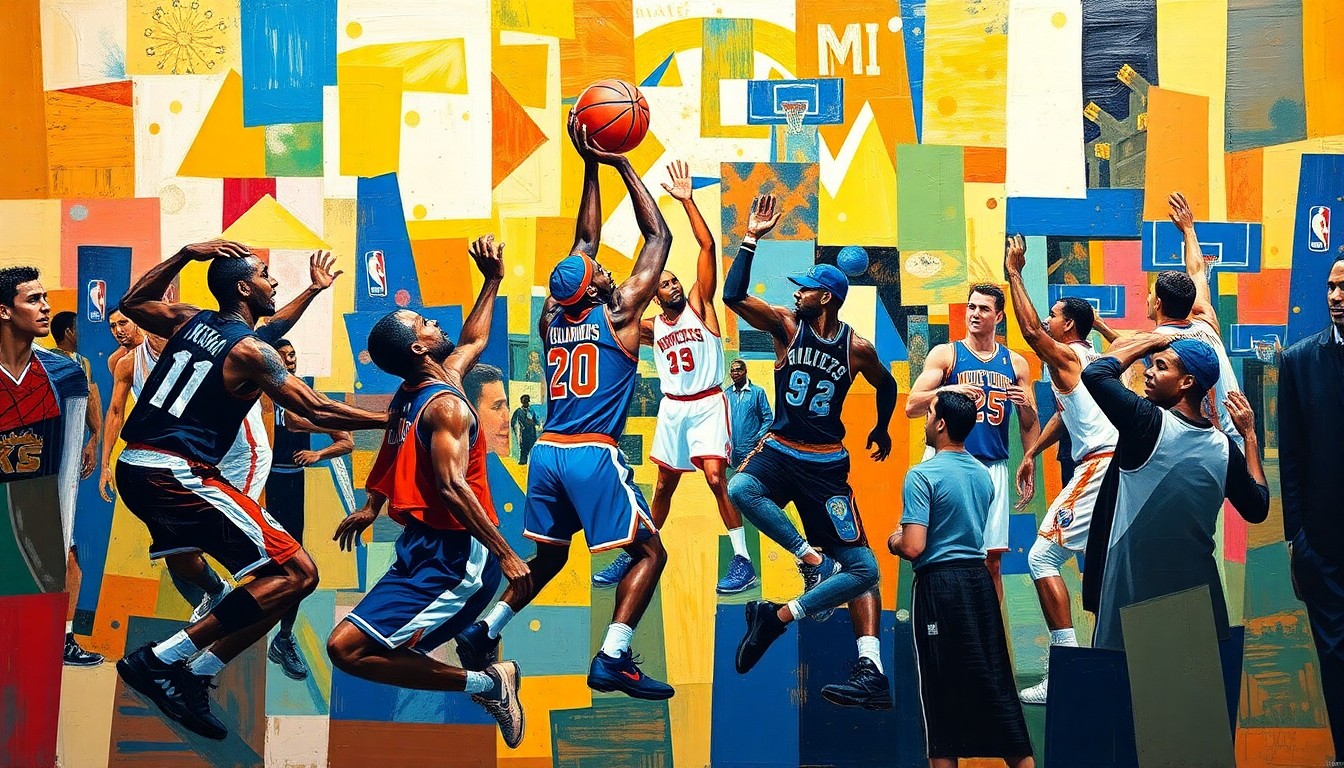 A cubist-style painting featuring fragmented, overlapping geometric shapes in bright colors, representing the players and action of the Knicks' NBA Cup championship game.