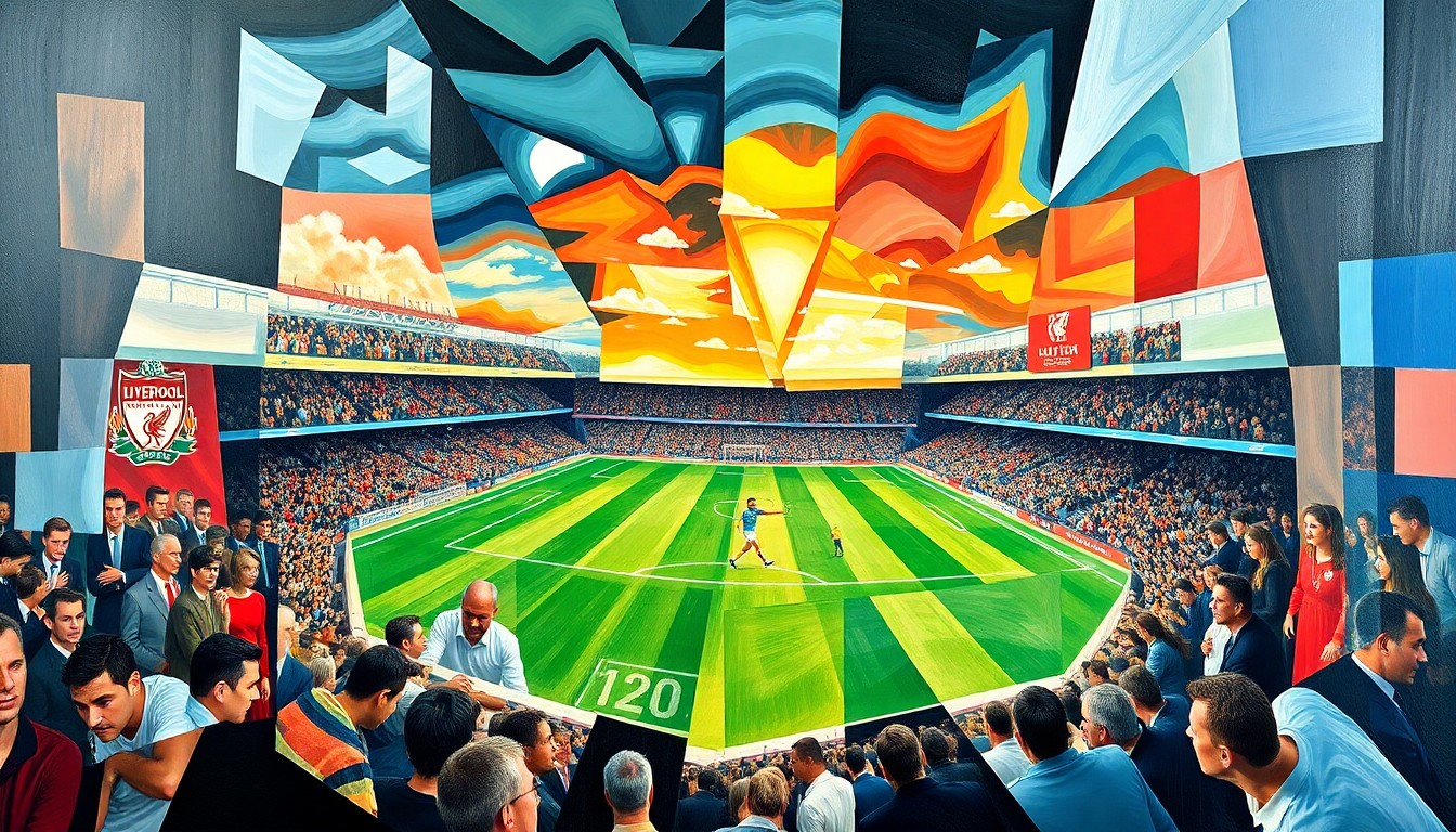 A cubist, geometric painting depicting a fragmented soccer match, with overlapping planes of color and shape representing the dynamic action on the field.