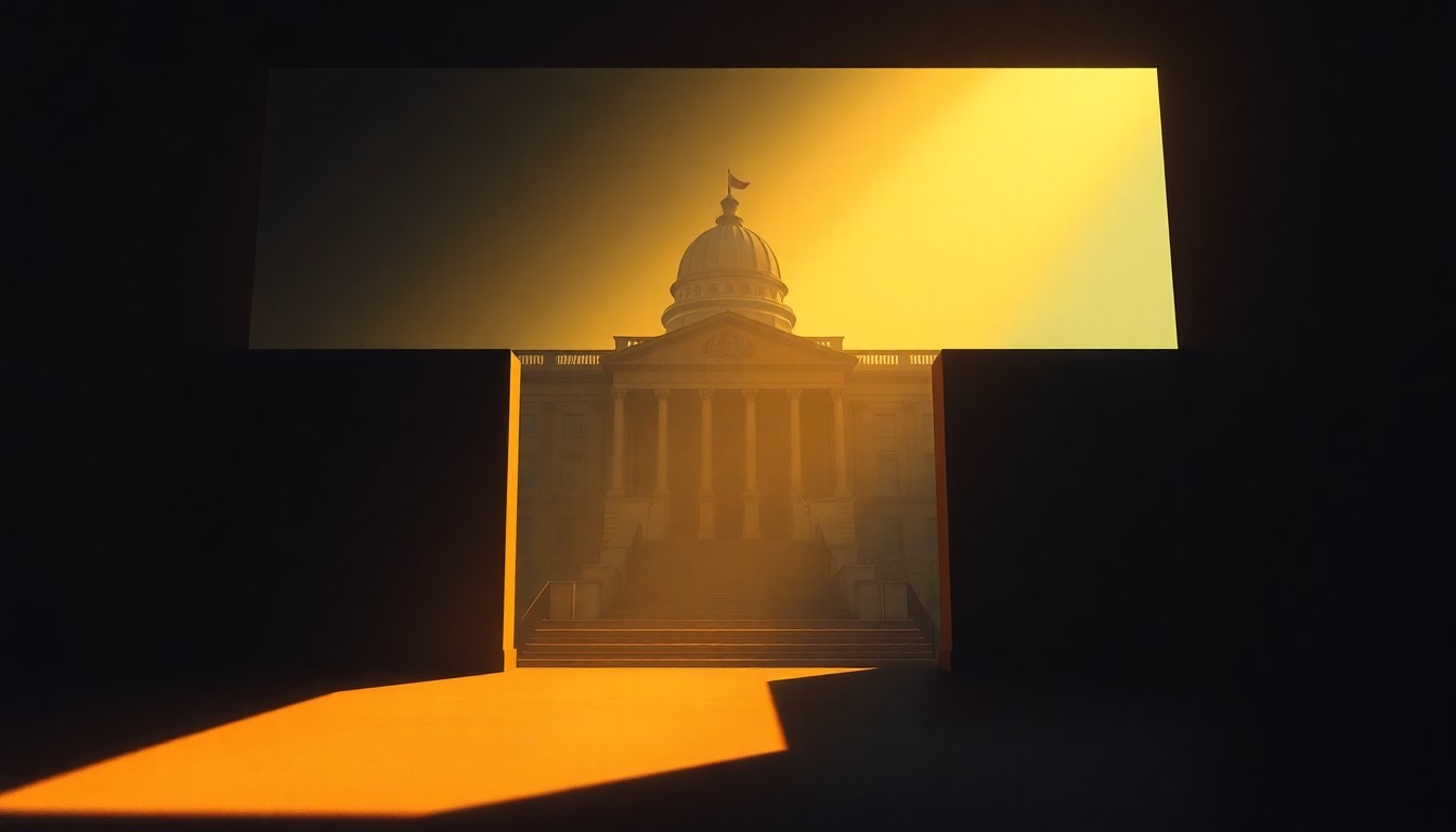 A dimly lit, cinematic painting of an ornate government building or political office, with warm sunlight streaming through the windows and deep shadows casting a contemplative mood, conceptually representing the complex political dynamics surrounding the UK-China relationship.