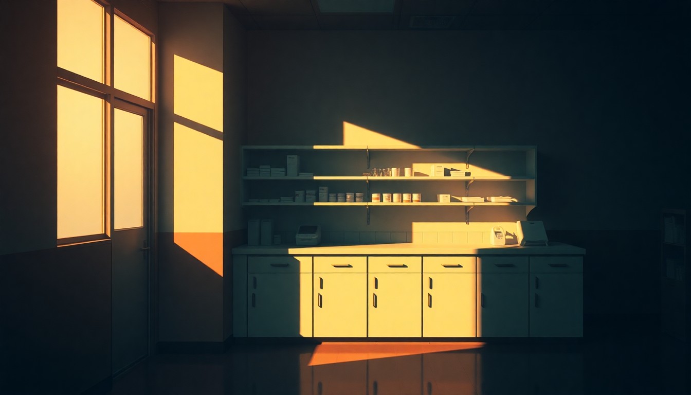 A photorealistic painting of a solitary medical supply cabinet or pharmacy counter in a dimly lit room, with warm diagonal sunlight streaming through a window and casting deep shadows across the scene, conveying a sense of quiet contemplation and the weight of political decisions around health care.