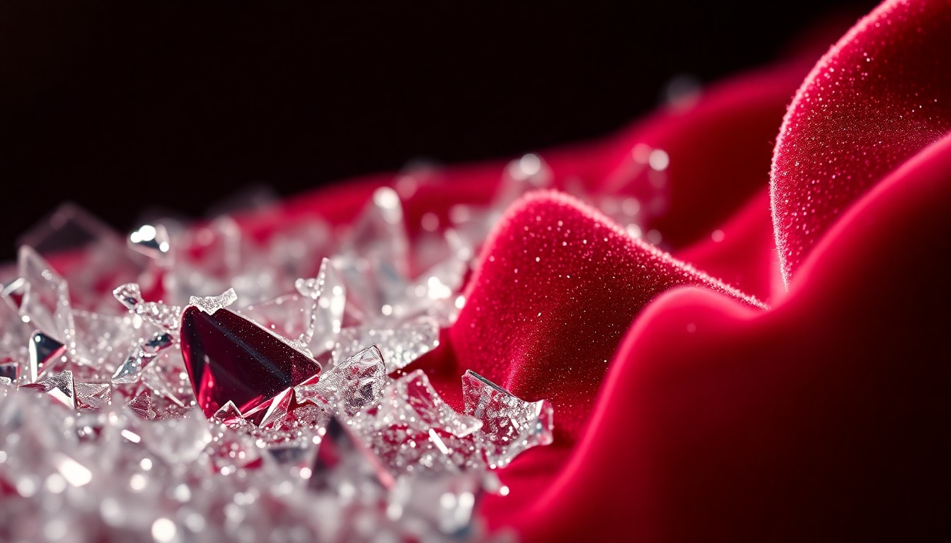 An extreme close-up of shattered glass and glittering shards, conceptually representing the Strokes' evolution and the changing landscape of New York City's music industry.