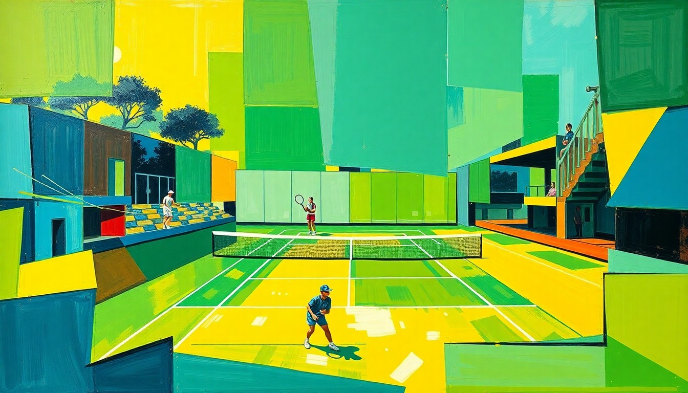 A fragmented, geometric painting in bold colors depicting the action and intensity of a high school tennis competition.