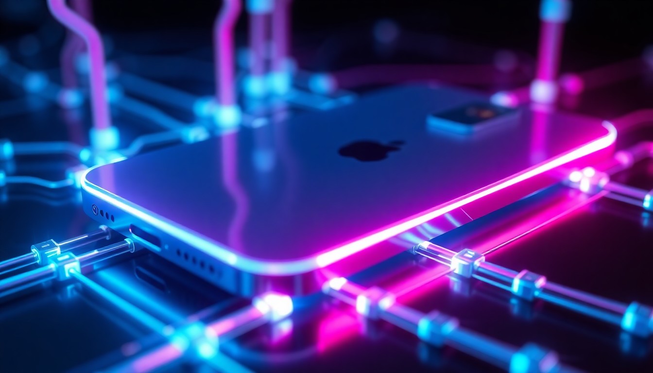 A highly detailed, glowing 3D macro illustration of a futuristic iPhone device with neon cyan and magenta lights illuminating its sleek, metallic exterior. The phone is surrounded by a network of interconnected digital infrastructure, representing the seamless integration of hardware and software in the latest iOS update.