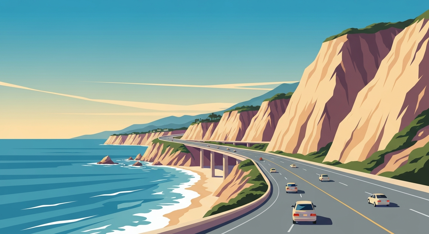 A highly stylized, geometric illustration in shades of blue and beige, depicting the sweeping curves of a coastal highway and towering cliffs, capturing the grand scale and romance of a California road trip.