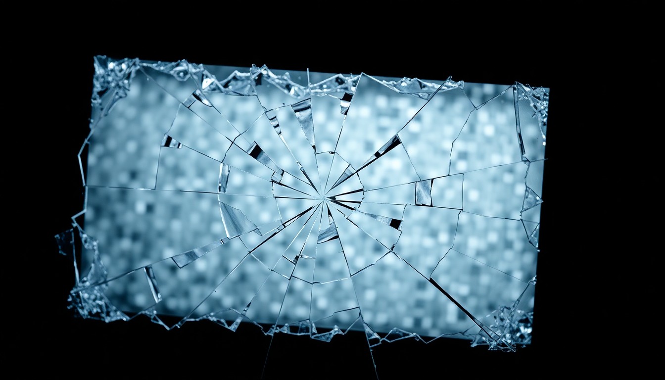 An extreme close-up photograph of a shattered smartphone screen, the cracked glass reflecting a distorted, pixelated image, conceptually illustrating the violation and harm caused by the creation of non-consensual AI-generated pornography.