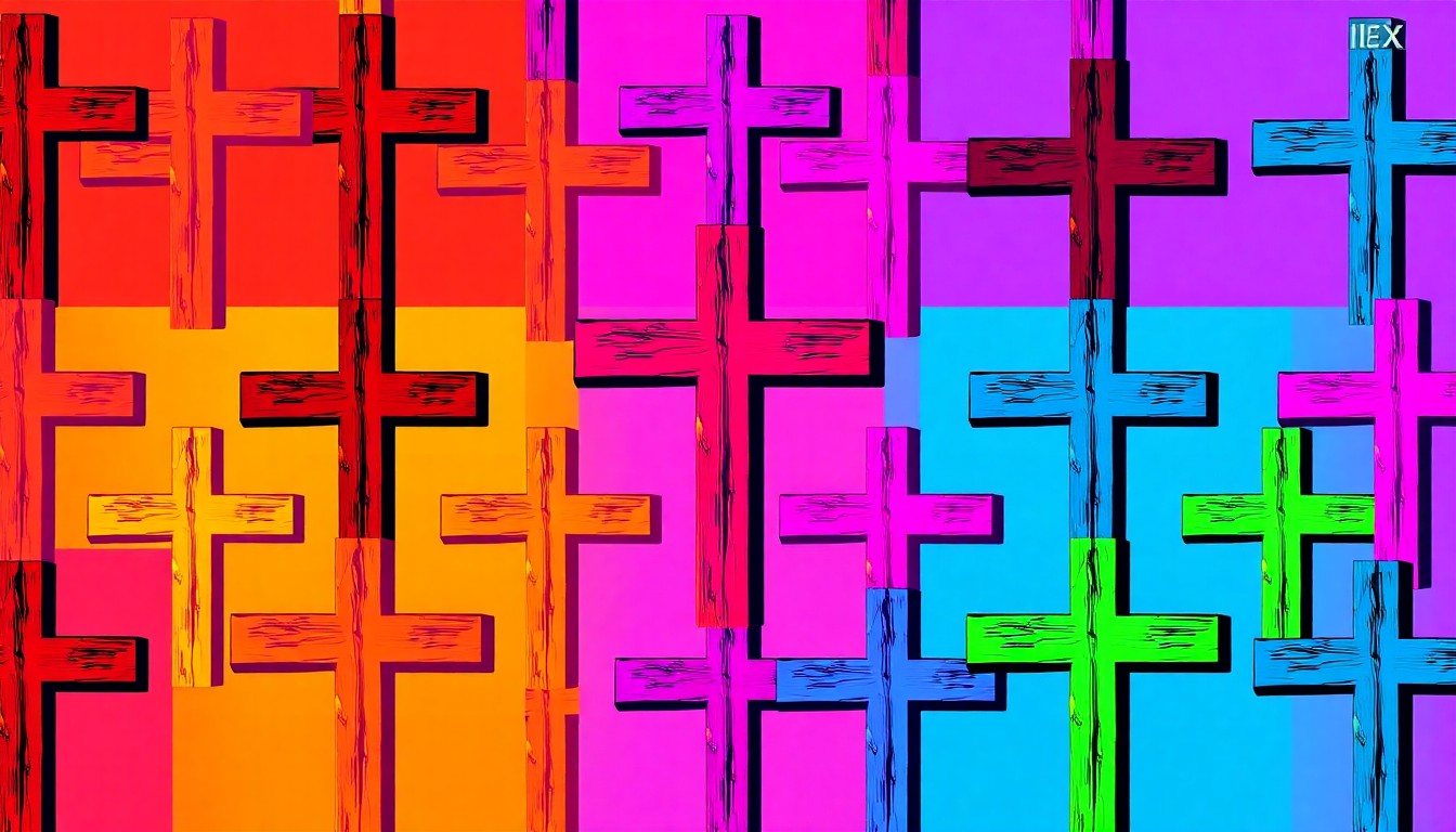 A brightly colored, high-contrast silkscreen print of a simple wooden cross repeated in a tight grid pattern, conceptually representing the enduring influence of St. Francis of Assisi's Christian values and teachings.